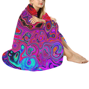 Round Throw Blankets, Trippy Red and Purple Abstract Retro Liquid Swirl