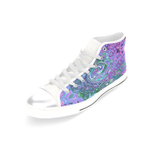 High Top Sneakers for Women, Groovy Abstract Retro Green and Purple Swirl - White