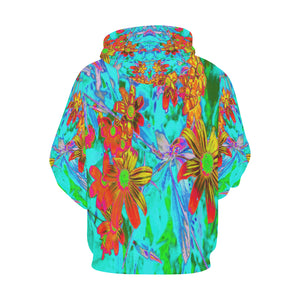 Hoodies for Women, Aqua Tropical with Yellow and Orange Flowers