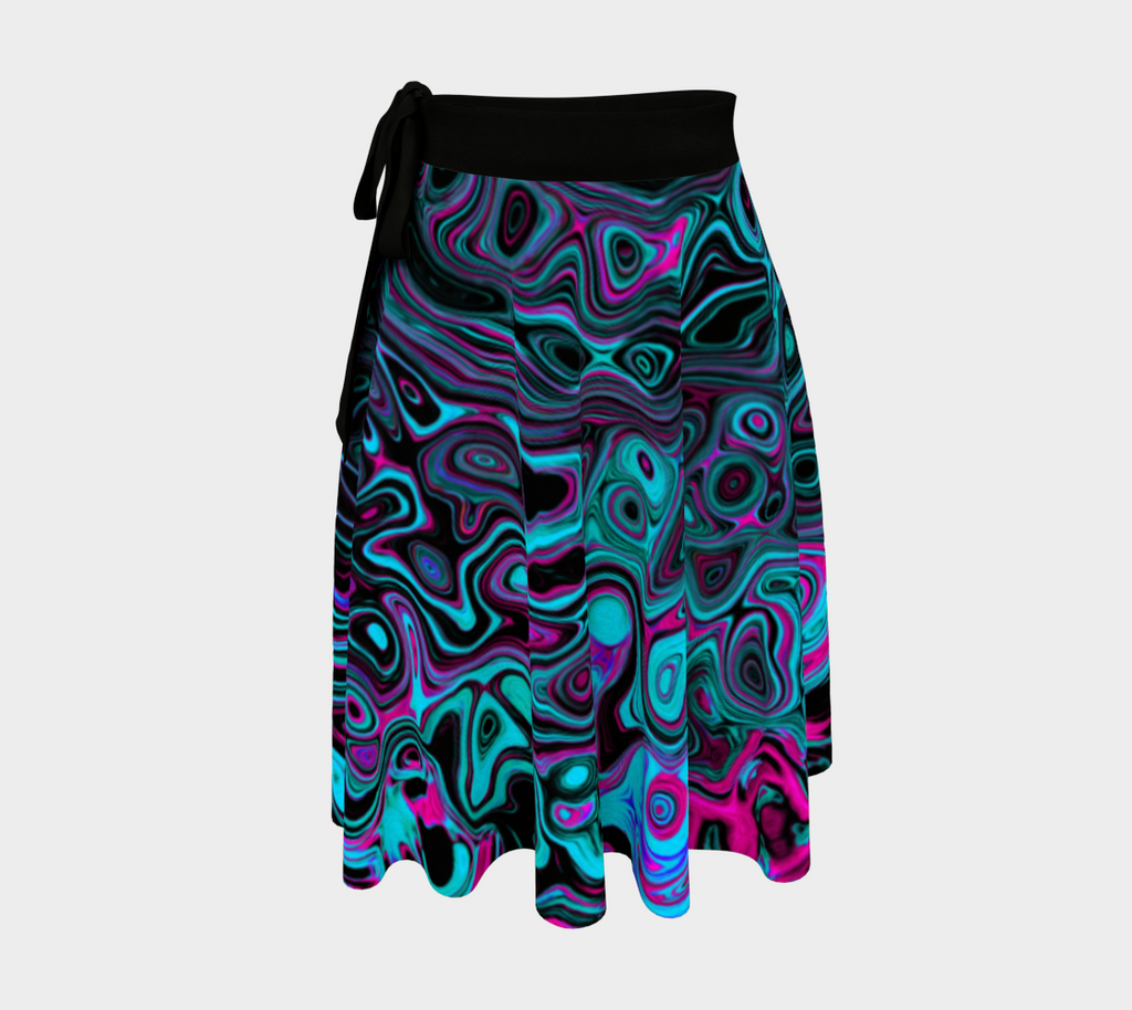 Artsy Wrap Skirt, Retro Aqua Magenta and Black Abstract Swirl