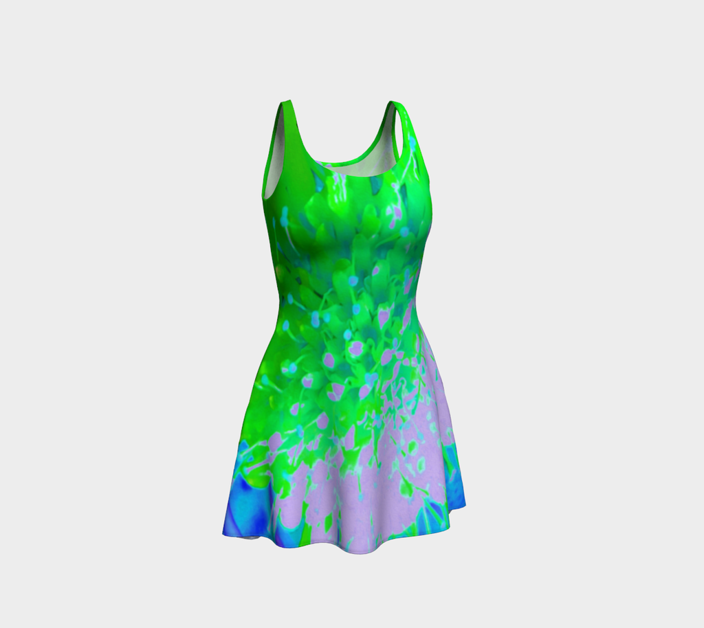 Fit and Flare Dresses, Abstract Pincushion Flower in Lavender and Green