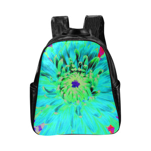 Backpack – Faux Leather, Aqua Cactus Dahlia Abstract Macro Flower, Laptop Bag