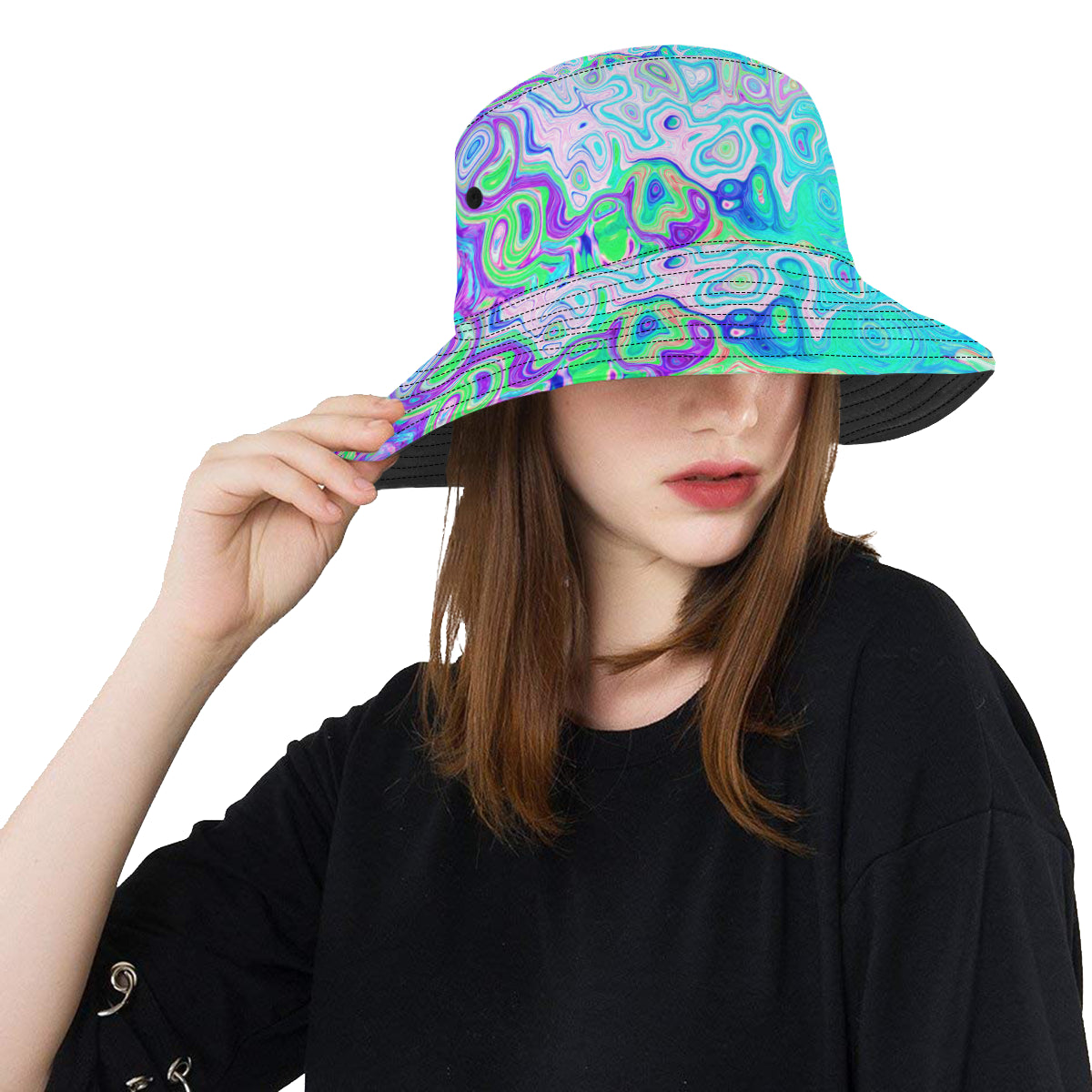 Bucket Hats, Groovy Abstract Retro Pink and Green Swirl