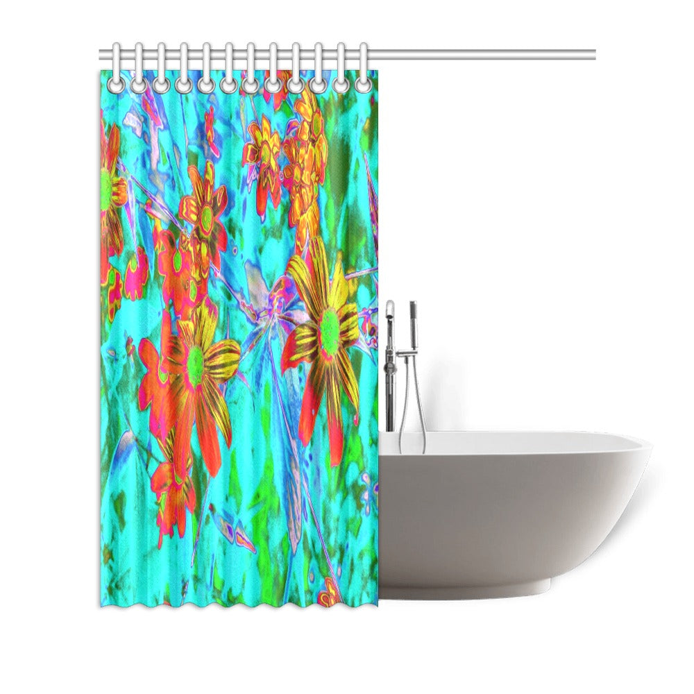 Shower Curtains, Aqua Tropical with Yellow and Orange Flowers - 72 x 72