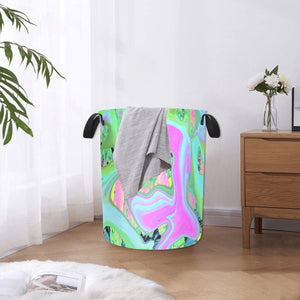 Fabric Laundry Basket with Handles, Retro Pink and Light Blue Liquid Art on Hydrangea