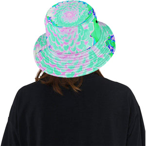 Bucket Hat, Pretty Aqua and Pink Zinnia in the Summer Garden, Colorful Hat for Women