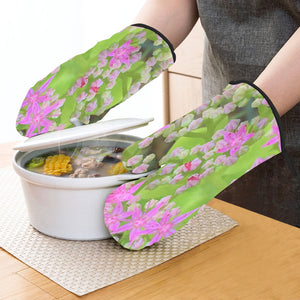 Oven Mitts and Pot Holders Set, Hot Pink Succulent Sedum with Fleshy Green Leaves