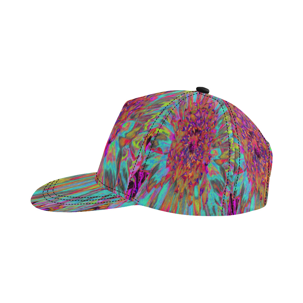 Snapback Hats, Psychedelic Teal Blue Abstract Decorative Dahlia