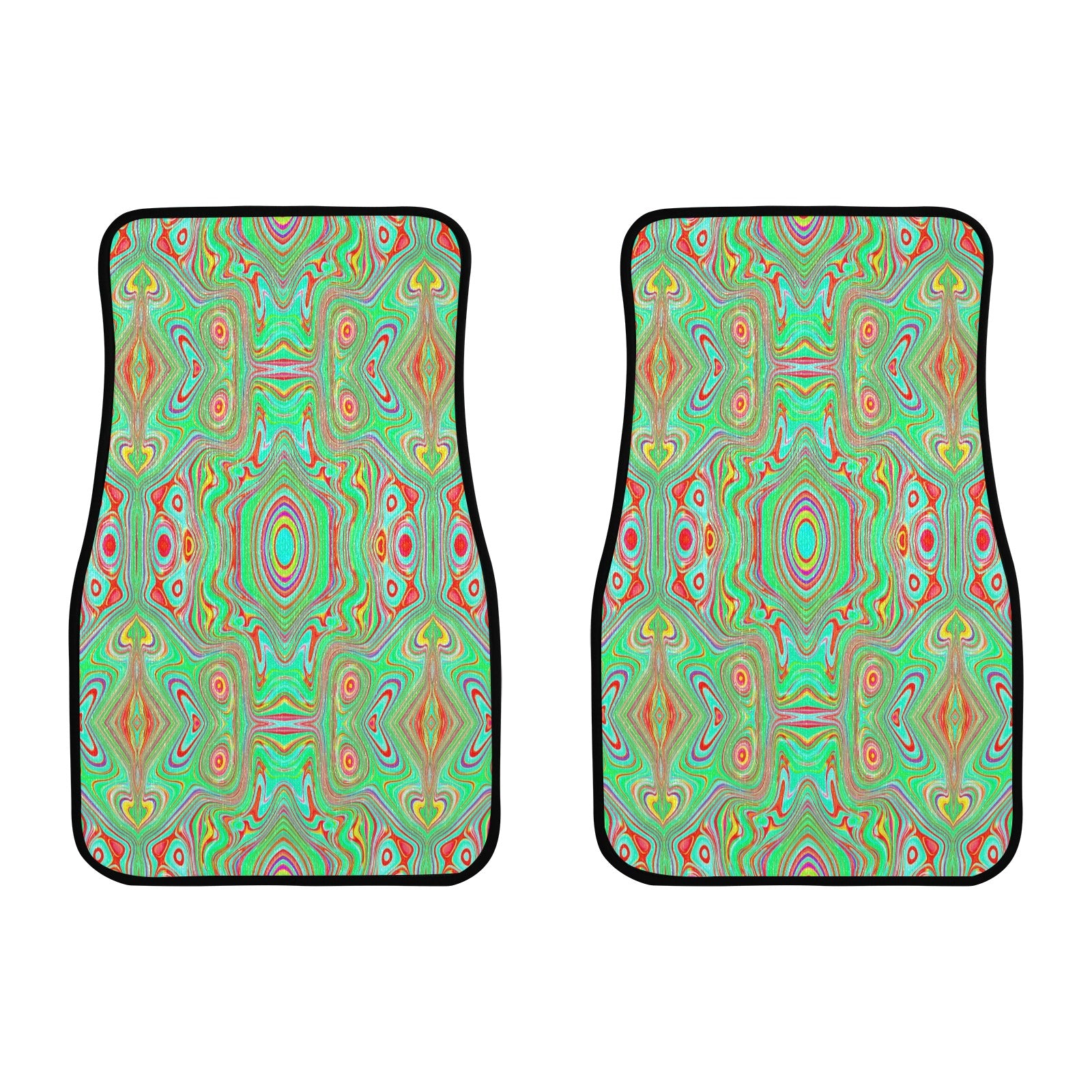 Car Floor Mats, Trippy Retro Orange and Lime Green Abstract Pattern - Front Set of 2
