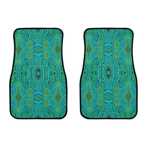 Car Floor Mats, Trippy Retro Turquoise Chartreuse Abstract Pattern - Front Set of 2