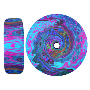 Spare Tire Cover with Backup Camera Hole - Groovy Abstract Retro Blue and Purple Swirl - Large