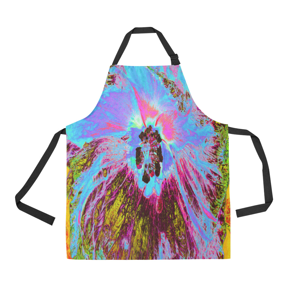 Apron with Pockets, Psychedelic Cornflower Blue and Magenta Hibiscus