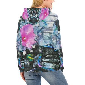 Hoodies for Women, Pink Hibiscus Black and White Landscape Collage