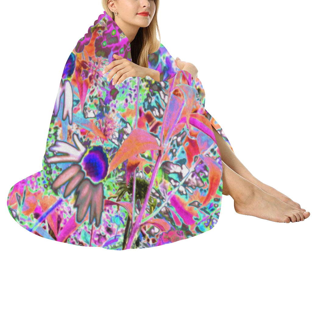 Round Fleece Blankets, Psychedelic Hot Pink and Lime Green Garden Flowers