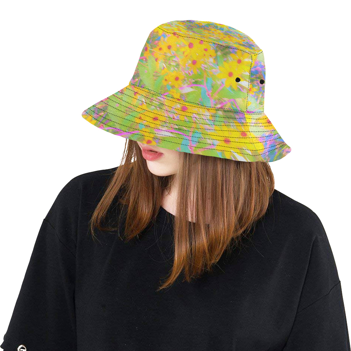 Bucket Hat, Pretty Yellow and Red Flowers with Turquoise, Colorful Hat for Women
