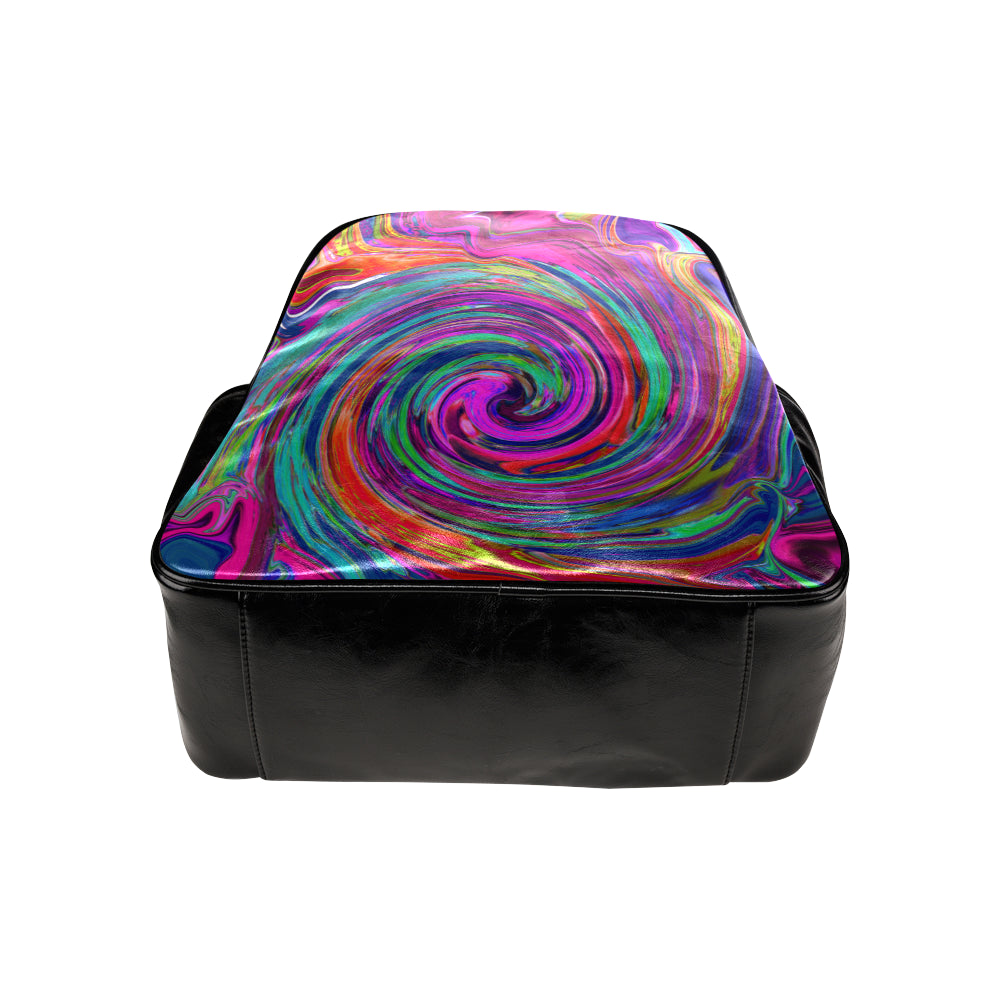 Backpack - Faux Leather, Groovy Abstract Retro Magenta Dark Rainbow Swirl