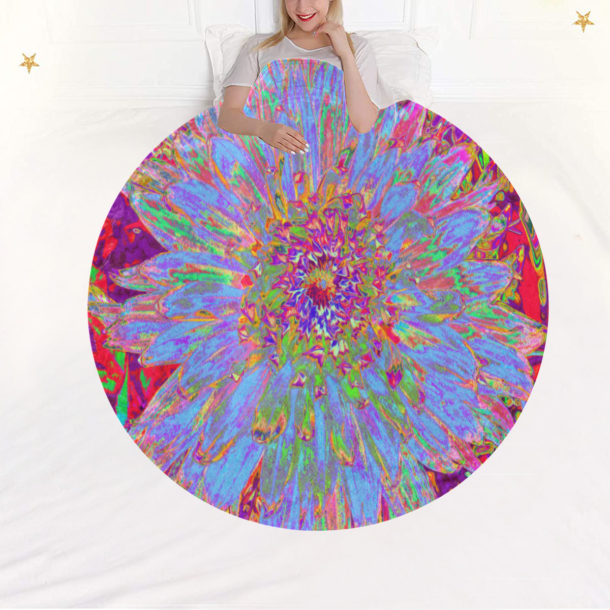 Round Fleece Blankets, Psychedelic Groovy Blue Abstract Dahlia Flower