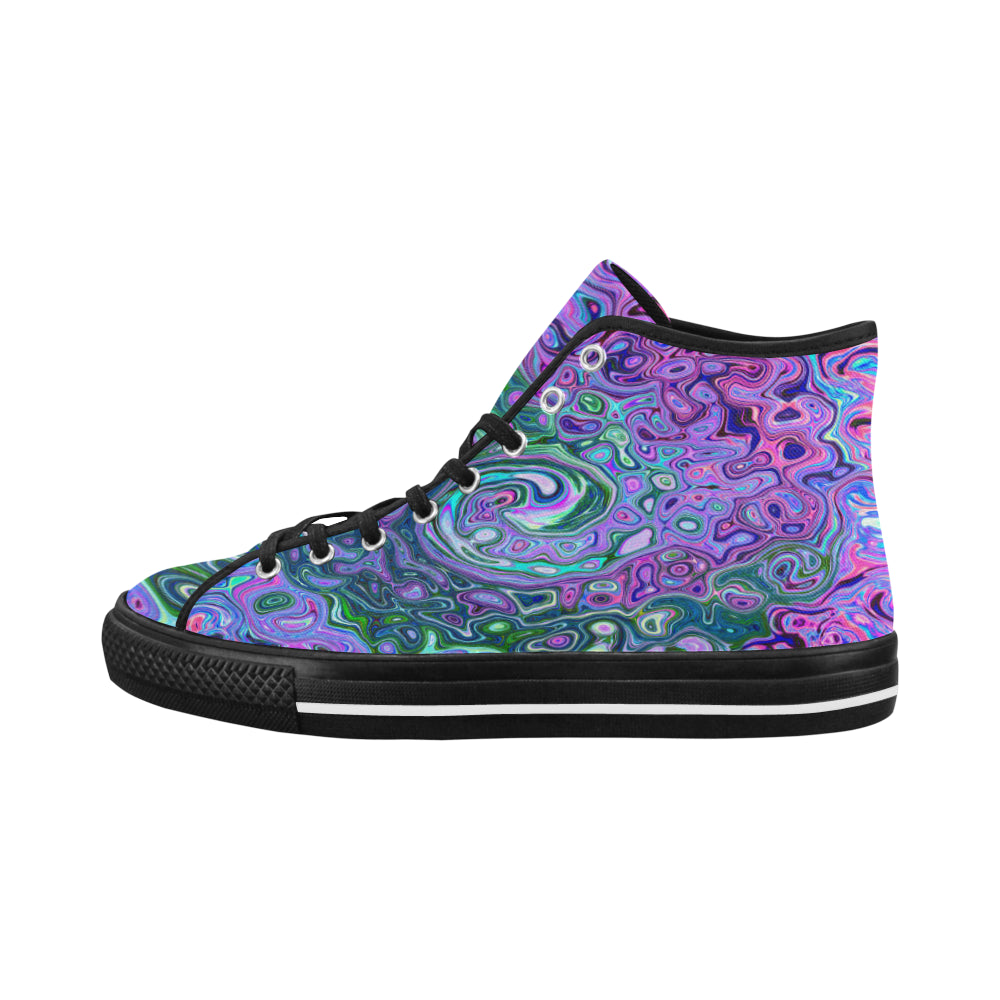 Colorful High Top Sneakers for Women, Groovy Abstract Retro Green and Purple Swirl, Black