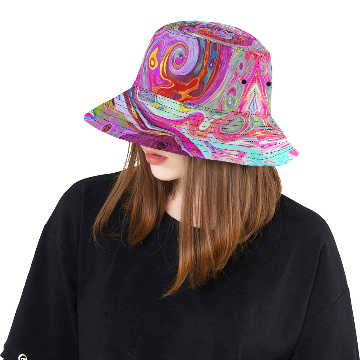 Bucket Hats, Groovy Abstract Retro Hot Pink and Blue Swirl