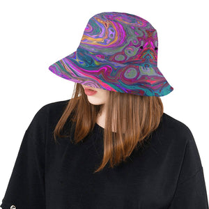 Bucket Hats, Retro Magenta, Green and Orange Abstract Swirl