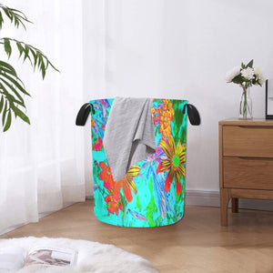 Fabric Laundry Basket with Handles, Aqua Tropical with Yellow and Orange Flowers