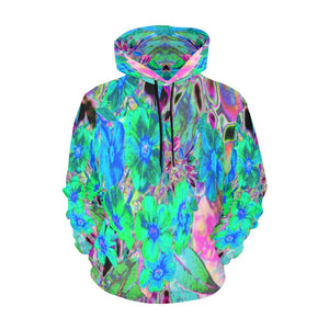 Hoodies for Women, Psychedelic Trippy Lime Green and Blue Flowers