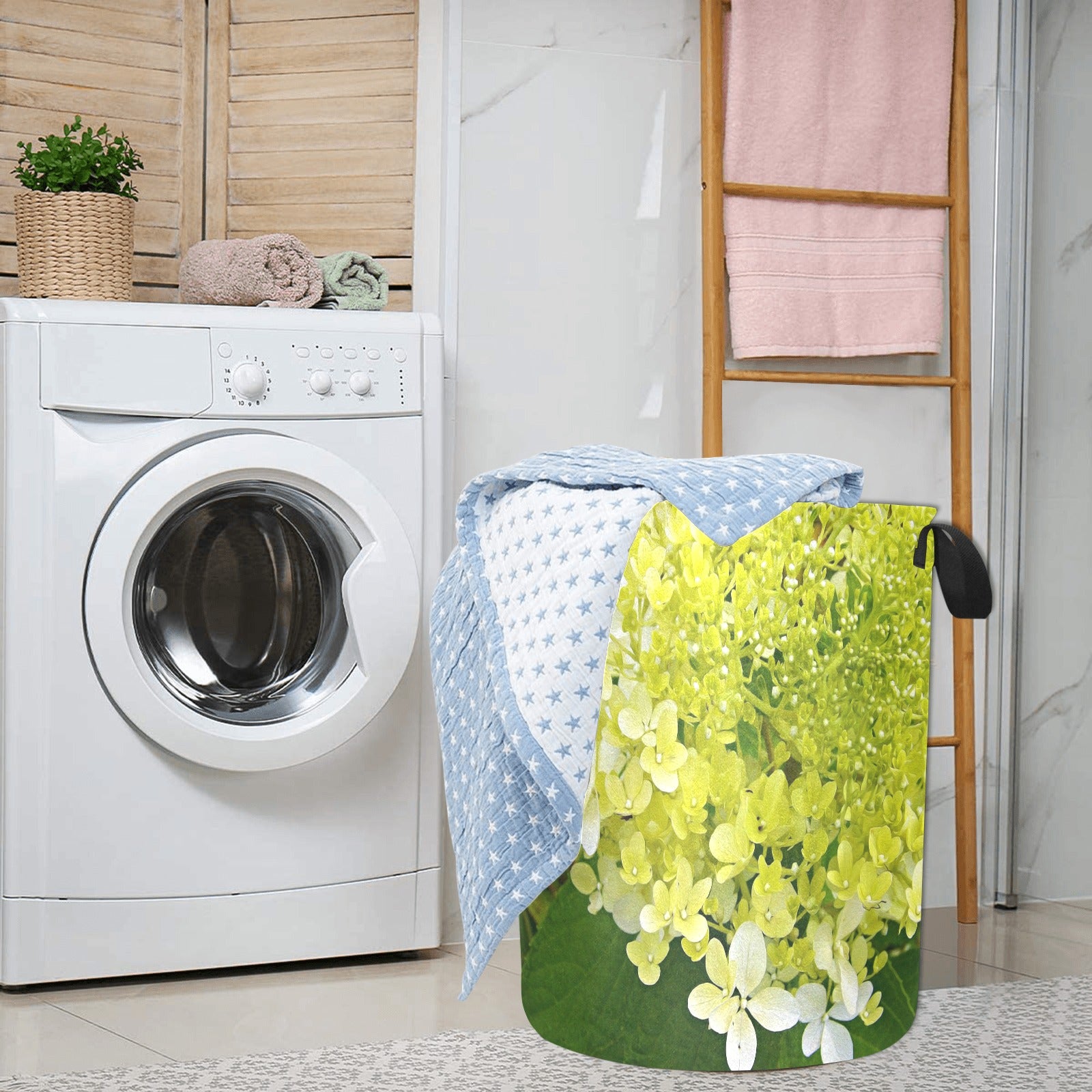 Fabric Laundry Basket with Handles, Elegant Chartreuse Green Limelight Hydrangea