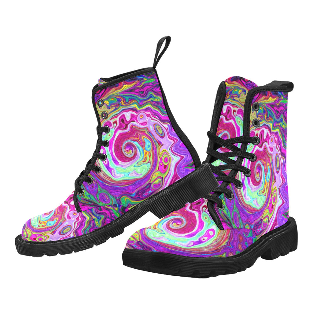 Boots for Women, Groovy Abstract Retro Magenta Rainbow Swirl - Black