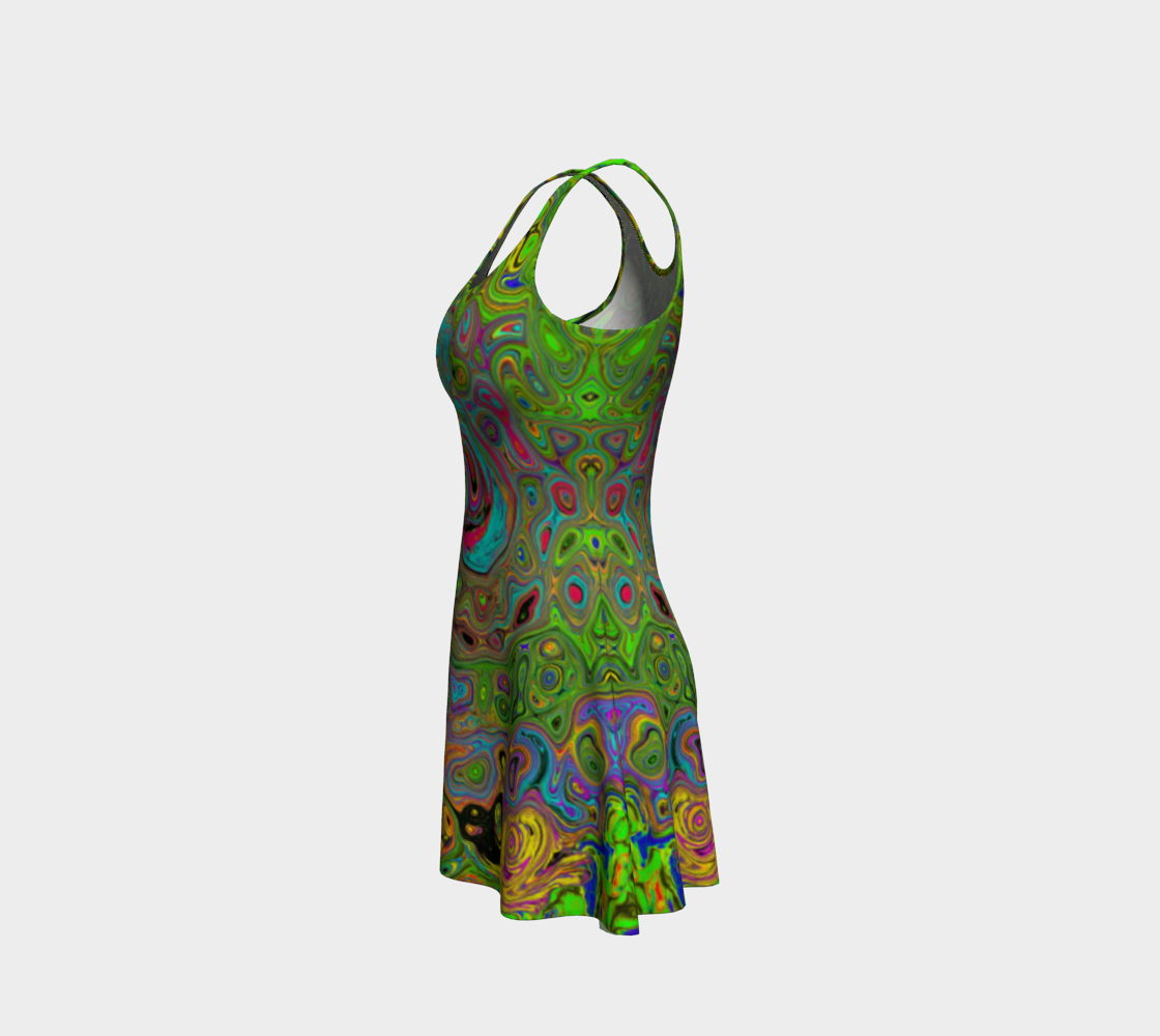 Fit and Flare Dresses, Groovy Abstract Retro Lime Green and Blue Swirl