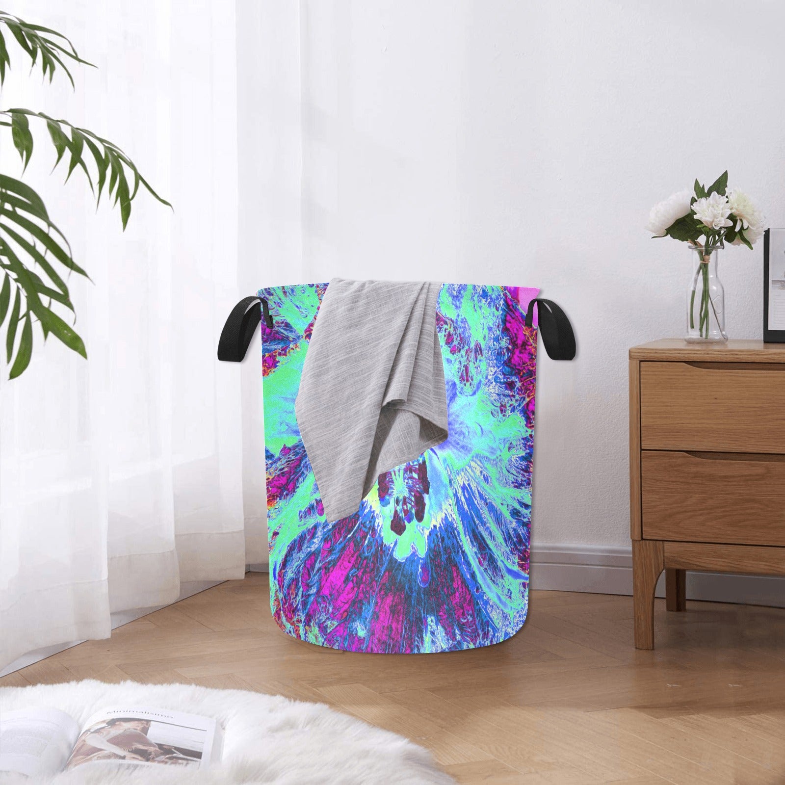 Fabric Laundry Basket with Handles, Psychedelic Retro Green and Blue Hibiscus Flower