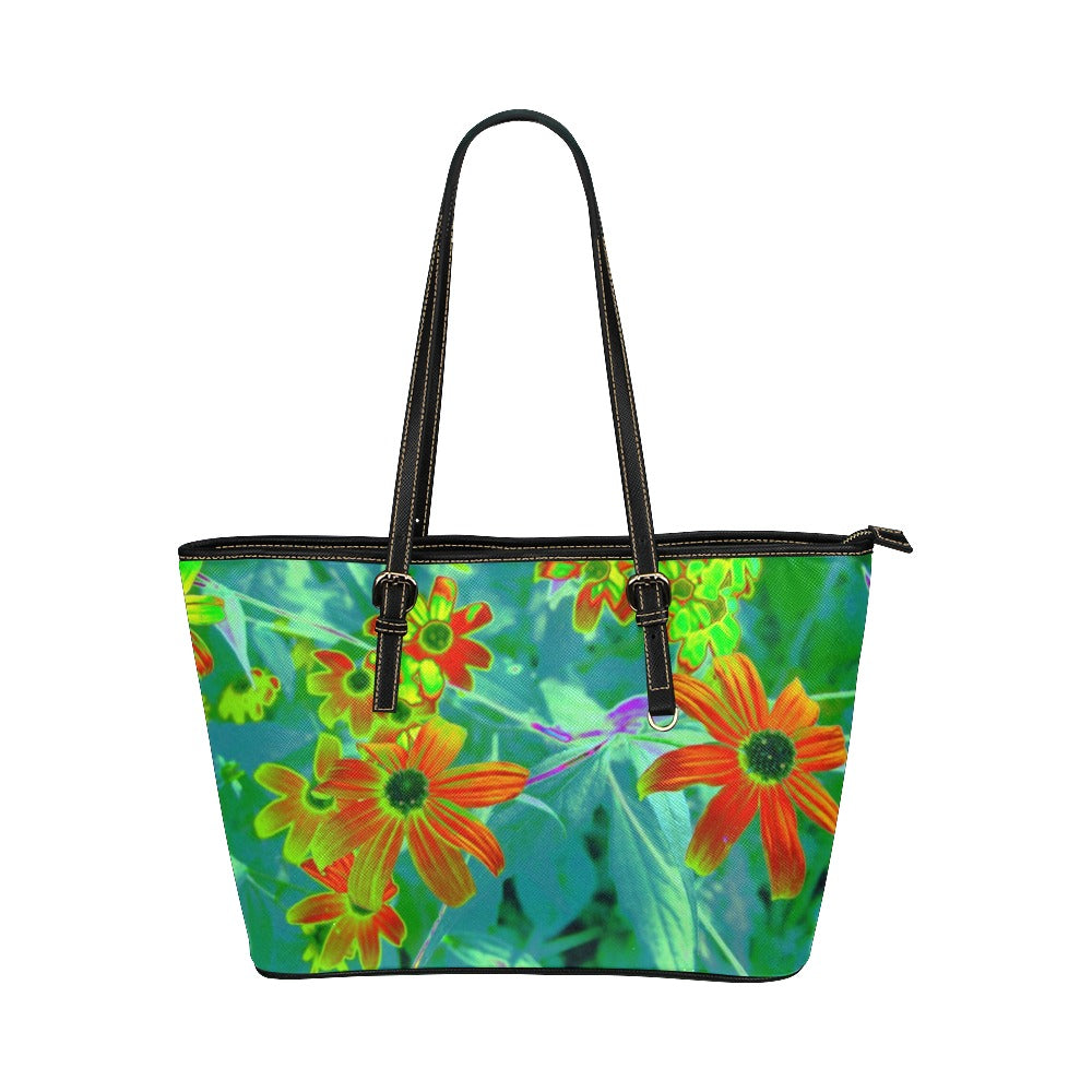 Black Vegan Tote Bags, Trippy Yellow and Red Wildflowers on Retro Blue - Large