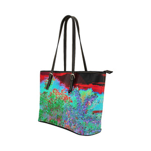 Black Vegan Tote Bags, Colorful Abstract Foliage Garden with Crimson Sunset - Large