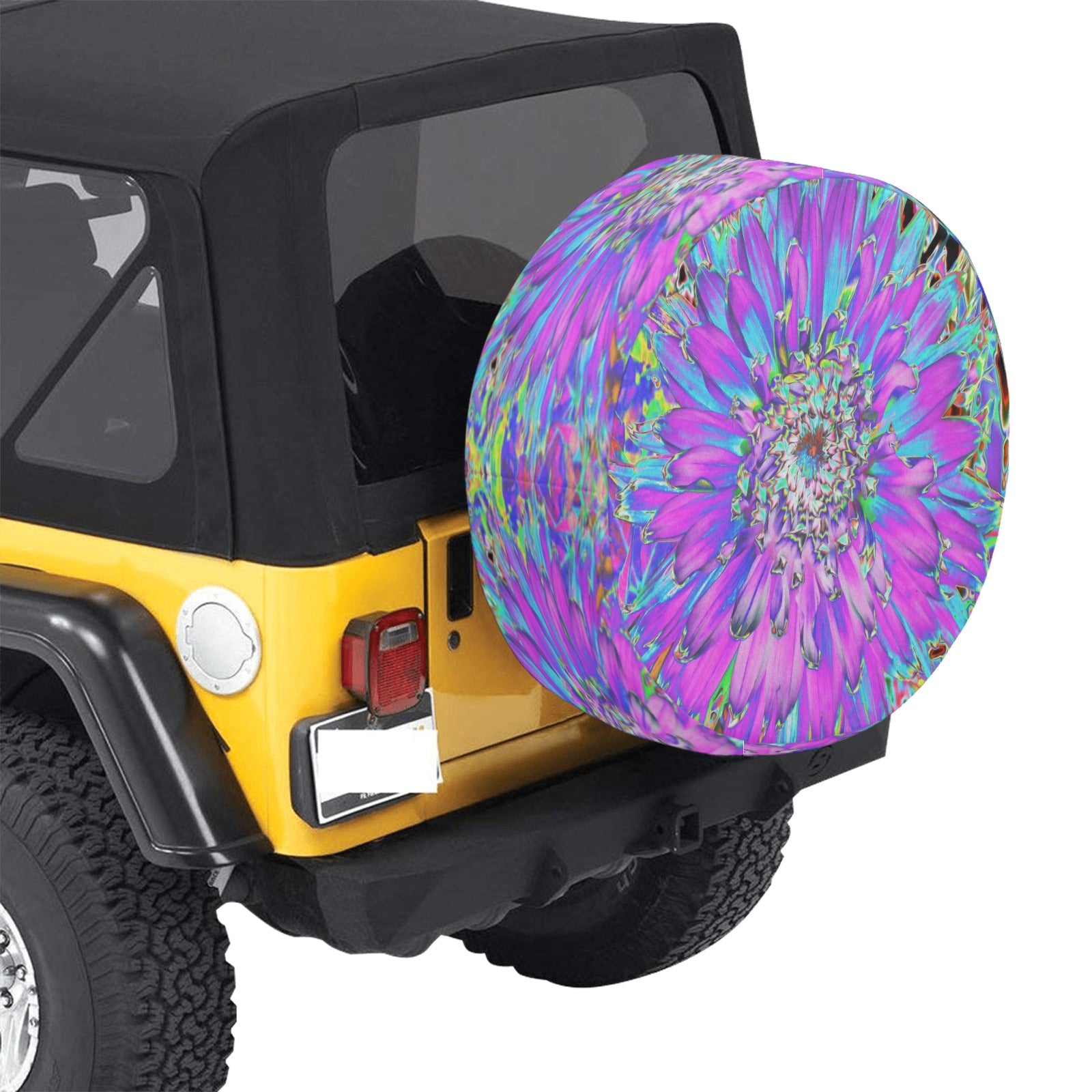 Spare Tire Covers, Trippy Abstract Aqua, Lime Green and Purple Dahlia - Large