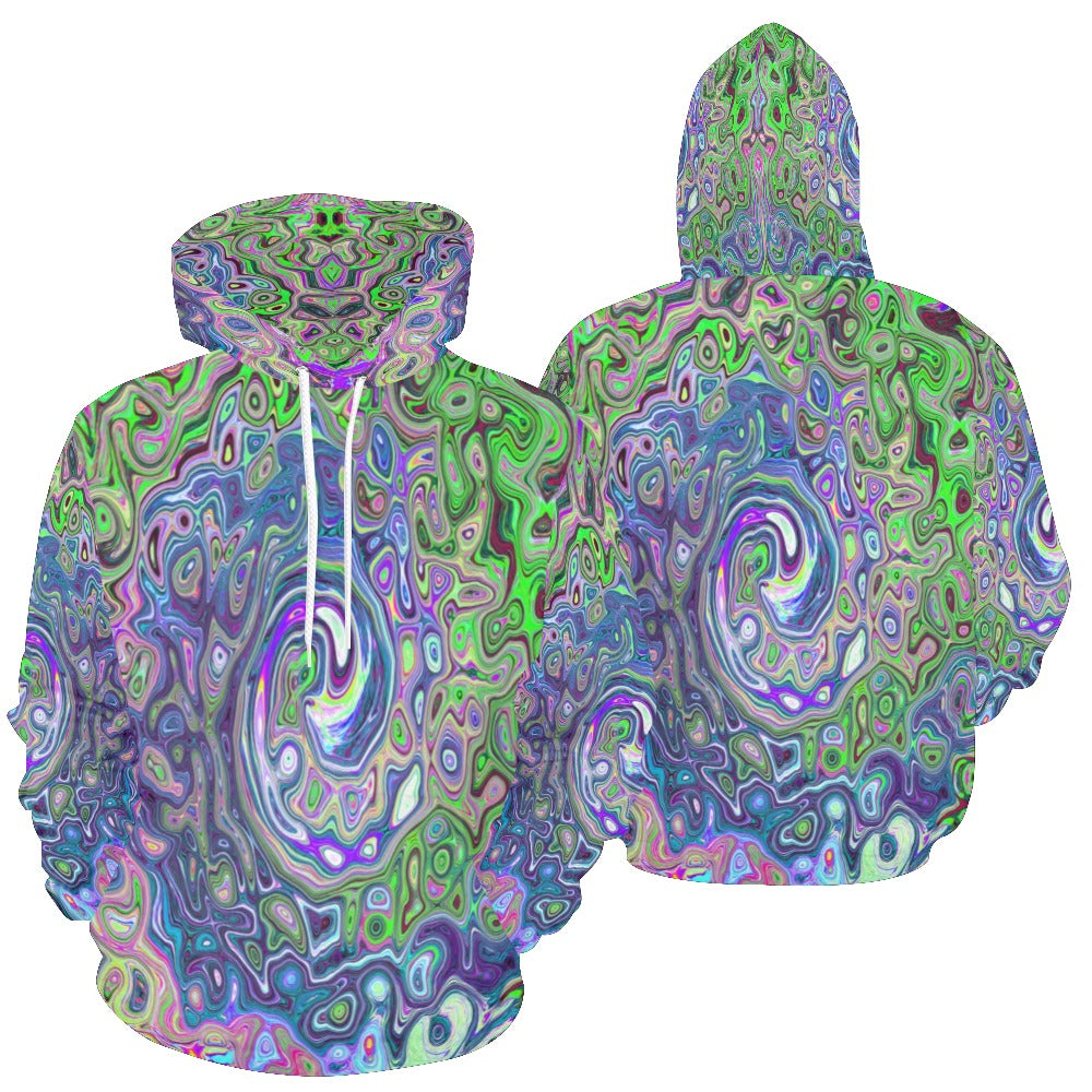 Hoodies for Women, Marbled Lime Green and Purple Abstract Retro Swirl