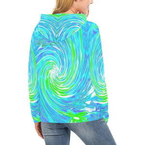 Hoodies for Women, Cool Abstract Retro Aqua and Lime Green Floral Swirl