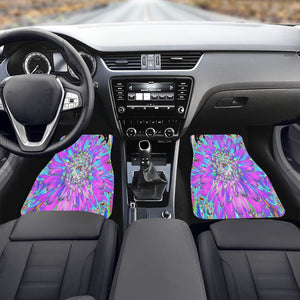 Car Floor Mats, Trippy Abstract Aqua, Lime Green and Purple Dahlia