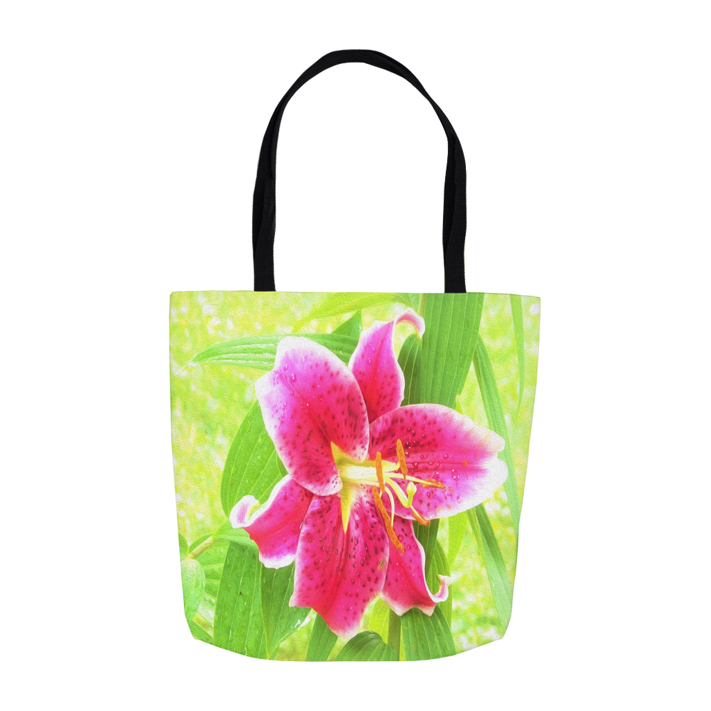 Floral Tote Bags, Pretty Deep Pink Stargazer Lily on Lime Green