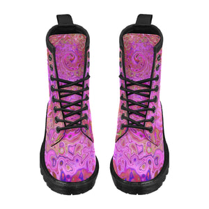 Lace Up Boots for Women - Hot Pink Marbled Colors Abstract Retro Swirl