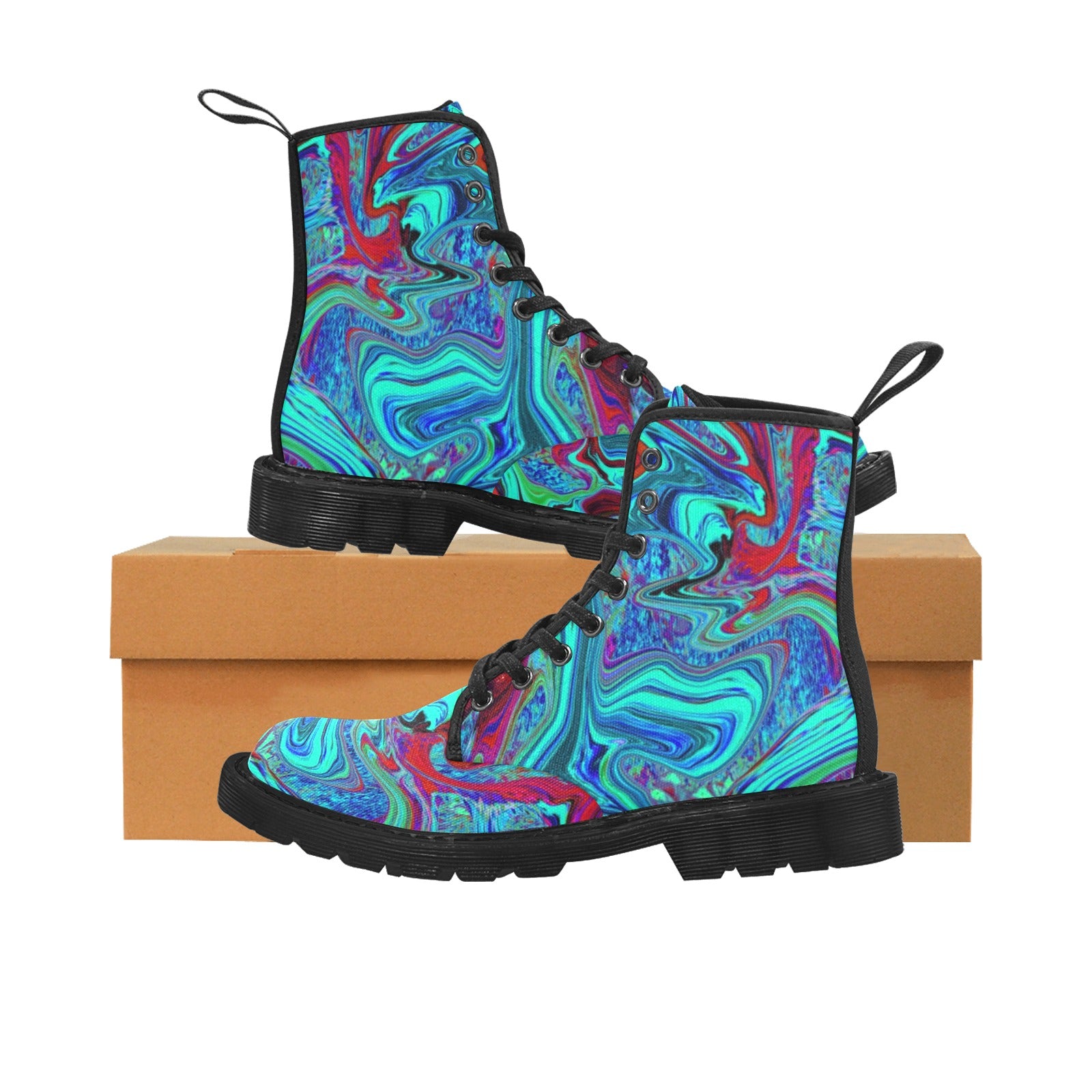 Boots for Women, Groovy Abstract Retro Art in Blue and Red - Black