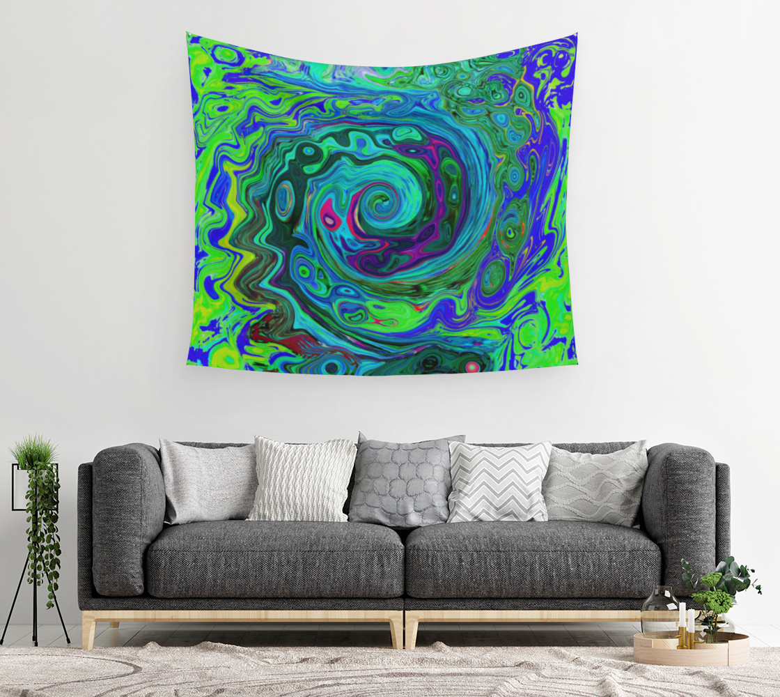 Artsy Wall Tapestries, Groovy Abstract Retro Green and Blue Swirl