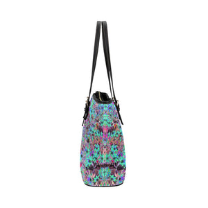 Black Vegan Tote Bags, Purple Garden with Psychedelic Aquamarine Flowers - Large