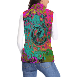 Women's Stand Collar Vest, Trippy Turquoise Abstract Retro Liquid Swirl