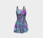 Fit and Flare Dresses, Aqua Garden with Violet Blue and Hot Pink Flowers
