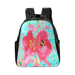 Backpack – Faux Leather, Two Rosy Red Coral Plum Crazy Hibiscus on Aqua Blue