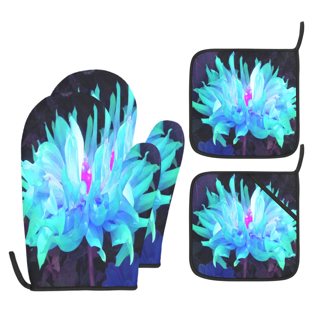 Oven Mitts and Pot Holders Set, Stunning Aqua Blue and Green Cactus Dahlia