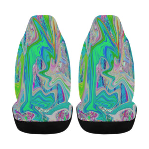 Car Seat Covers, Colorful Marbled Lime Green Abstract Retro Liquid Art