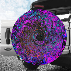 Spare Tire Cover with Backup Camera Hole - Trippy Black and Magenta Retro Liquid Swirl - Medium