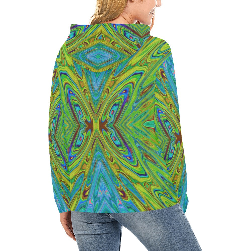 Hoodies for Women, Trippy Chartreuse and Blue Abstract Butterfly