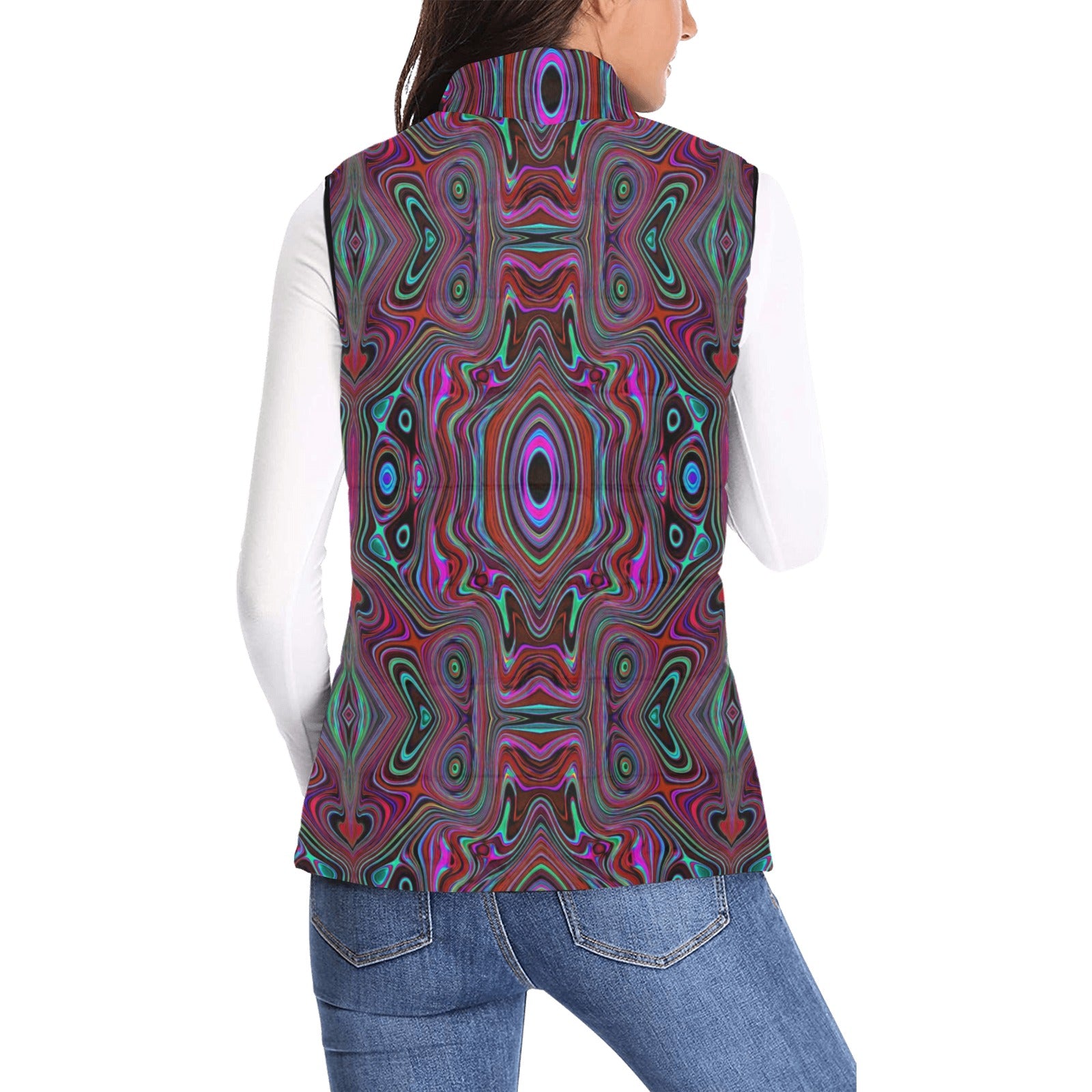 Women's Stand Collar Vest, Trippy Seafoam Green and Magenta Abstract Pattern