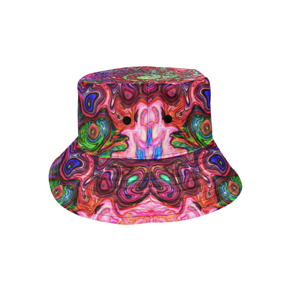 Bucket Hats, Watercolor Red Groovy Abstract Retro Liquid Swirl
